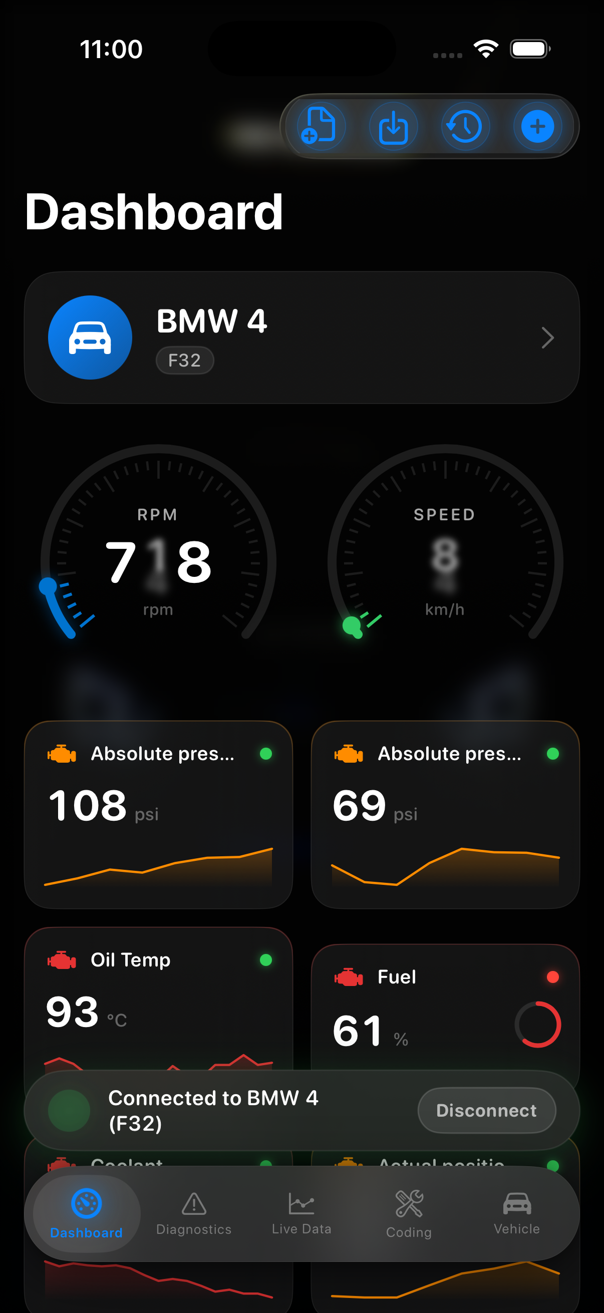Raaka Dashboard showing live RPM, speed and sensor gauges for a connected BMW